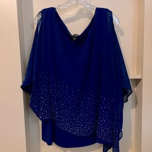 Roz & Ali Womens Blouse.  Blue Short Sleeve Cold Shoulder with Rhinestones